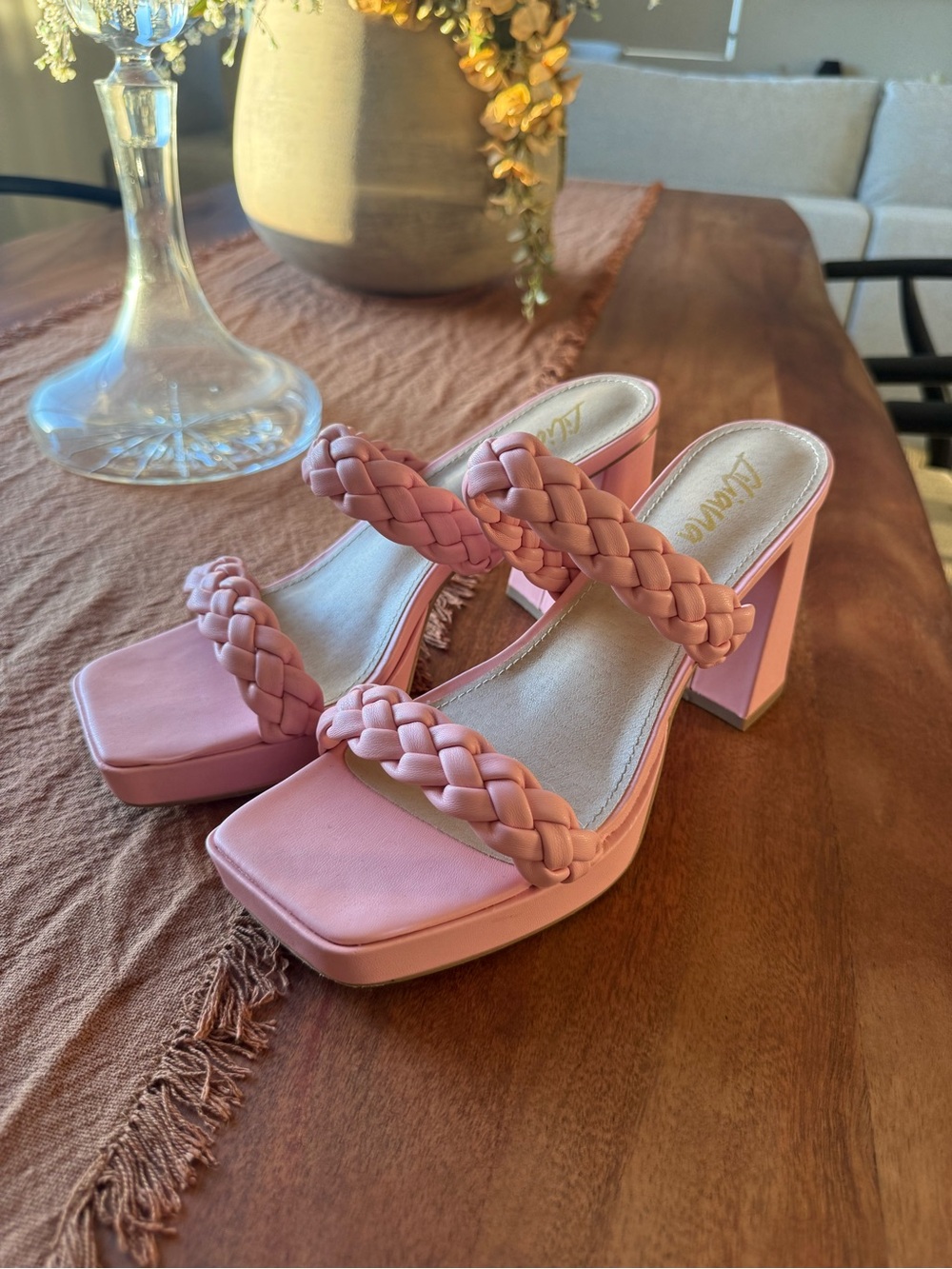 Liliana footwear Pink Braided Block Heel Sandals